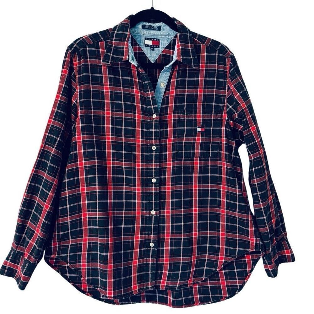 Tommy Hilfiger Tommy Jeans 14 cotton flannel red & black plaid button front shir